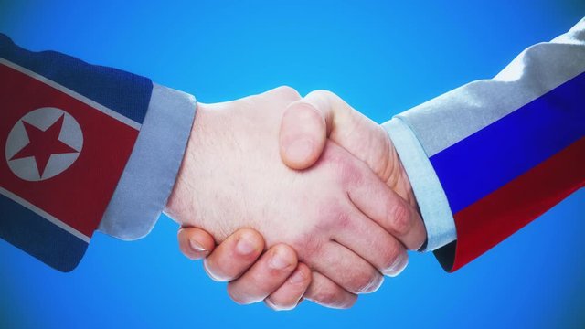 North Korea - Russia / Handshake concept animation about countries and politics / With matte channel