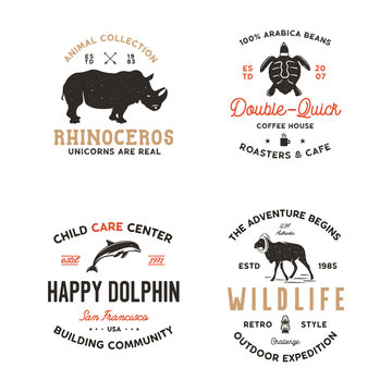 Wild animal Badges set and great outdoors activity insignias. Retro illustration of animal badges. Typographic camping style. Stock Vector wild Animal logos with letterpress effect. wildlife labels