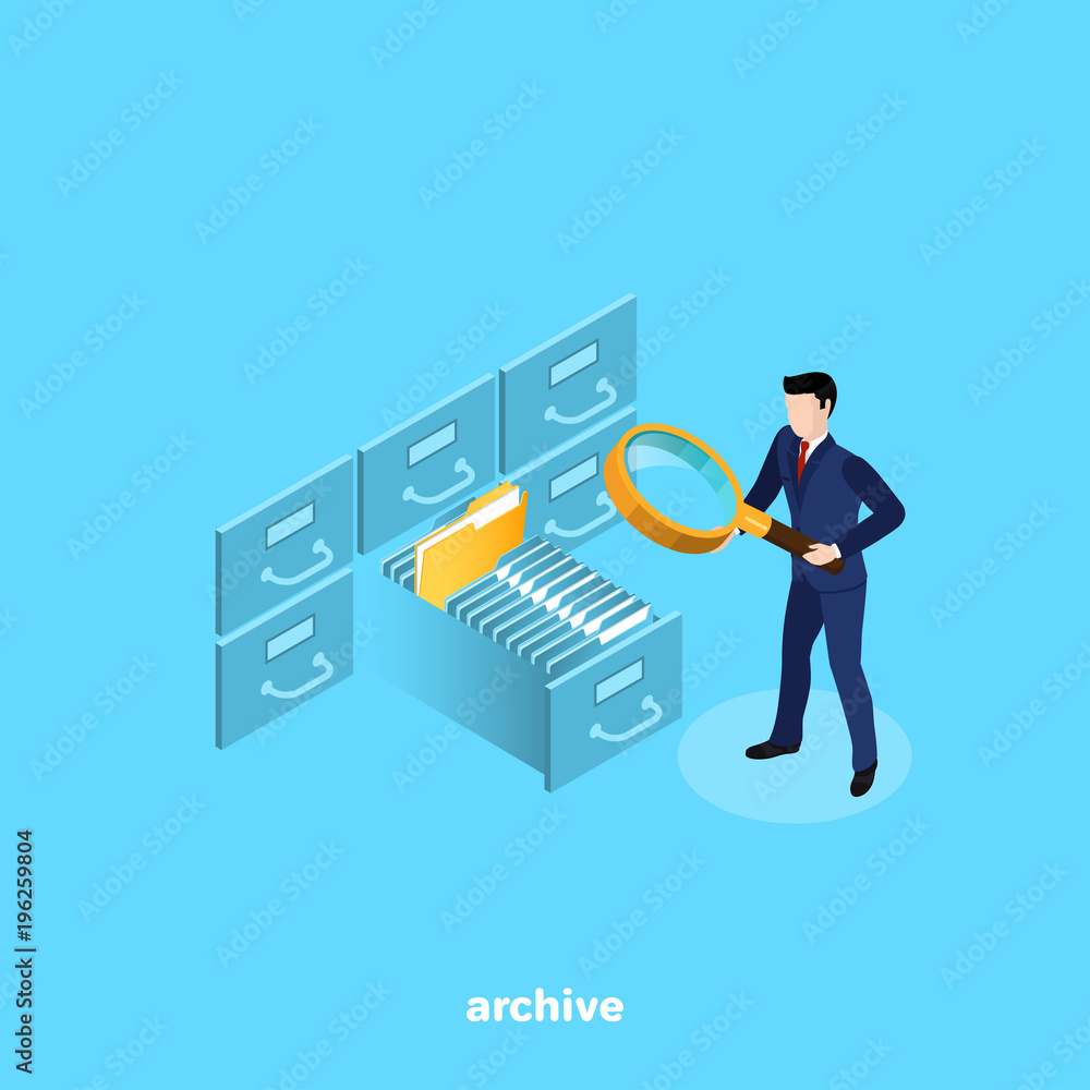 Poster a man in a business suit with a magnifier looking for a file on the shelves of the archive, an isome