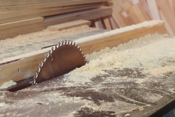 Workshop of Cabinetmaker Carpenter - Working with Wood. Electric Backsaw with Copyspace.