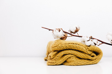Cotton with warm sweater. Hipster minimal background. Still life creative composition