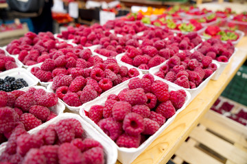 Rows of full pints of red raspberries at a farmers market or outdoor produce store. Organic fruit with antioxidants.