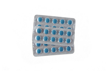 three plates of blue pills on white isolated background