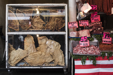 Meat and chicharones at La Merced Market in Mexico City, on August 29, 2016