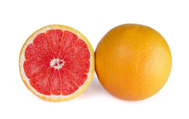 Grapefruit citrus fruit with grapefruit on white background. Whole grapefruit and half with clipping path