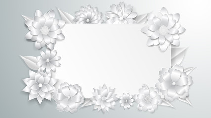 Greeting card template with beautiful volume paper flowers with soft shadows