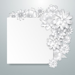 Greeting card template with beautiful volume paper flowers with soft shadows