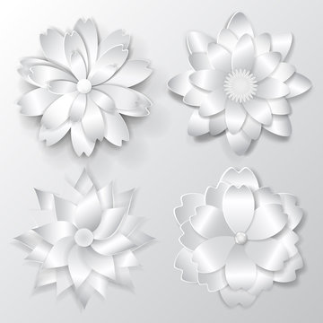 Set of beautiful volume paper flowers with soft shadows