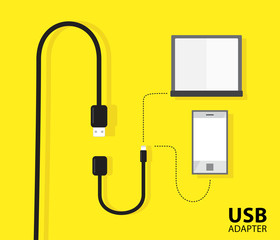 USB adapter cable for notebook or phone on yellow background . Vector illustration design.