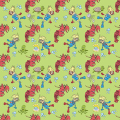 seamless pattern illustration of a boy and girl wearing scuba gear among aquatic, green background