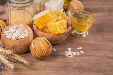 Honeycomb, sea salt, oatmeal and handmade soap with honey