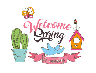 seasonal weather welcome spring cactus bird butterfly vector illustration