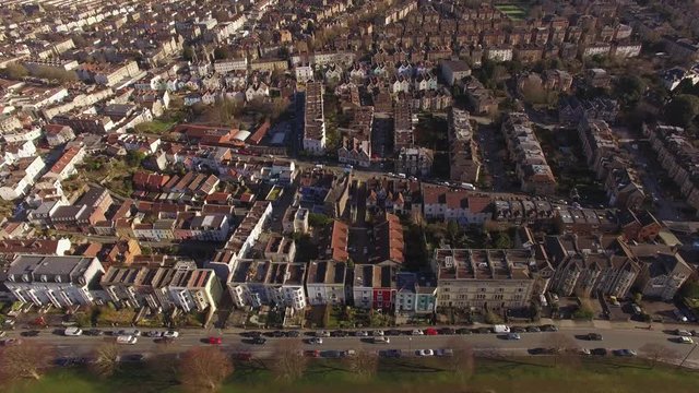 Aerial Drone Shot of Houses, Streets & Park in Bristol City Center, UK