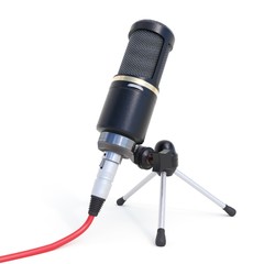 tabletop microphone with support legs, public speaking, talking to audience,master class on white background 3D illustration