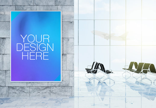 Advertisement Poster Mockup in 3D Rendering Airport Terminal