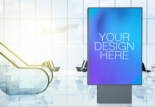Advertisement Kiosk Mockup in 3D Rendering Airport Terminal