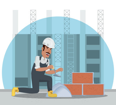 Under construction zone with builder man and brick wall  over buildings background, colorful design vector illustration