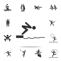 Swimmer jumping from starting block in pool icon. Detailed set of athletes and accessories icons. Premium quality graphic design. One of the collection icons for websites, web