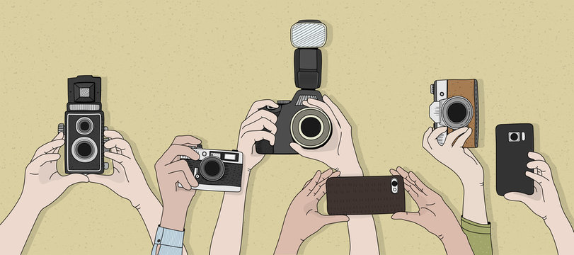 Illustration of people clicking pictures from devices