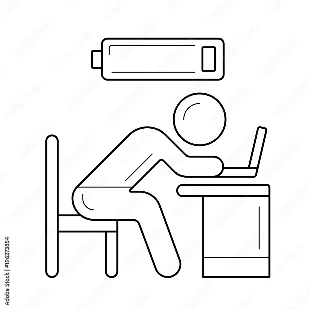 Poster tired worker with low battery vector line icon isolated on white background. hard working tired man 