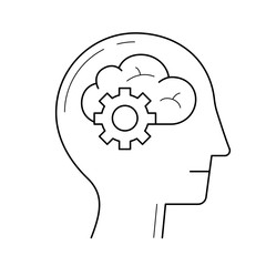 Brain with gears vector line icon isolated on white background. Concept of business thought. Head with cogwheel abstract line icon for infographic, website or app.