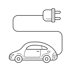 Electric car vector line icon isolated on white background. Electric plug connected to passenger car line icon for infographic, website or app. Green energy concept.