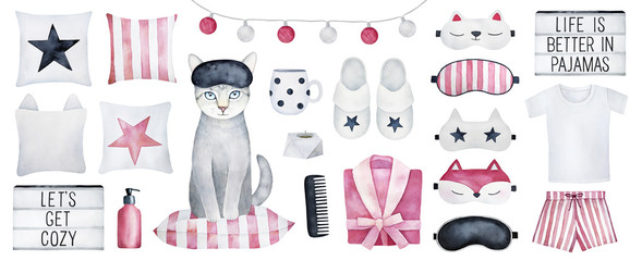 Big set of cozy bedroom elements, home clothes, antistress things, interior decor, girl accessories and text titles in light box. Hand drawn water color sketch on white background, cutout clip art.