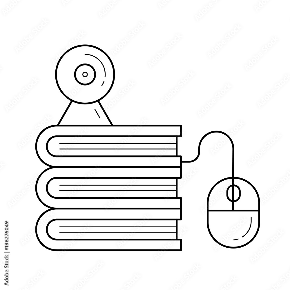 Poster webcam and computer mouse connected to the ebook vector line icon isolated on white background