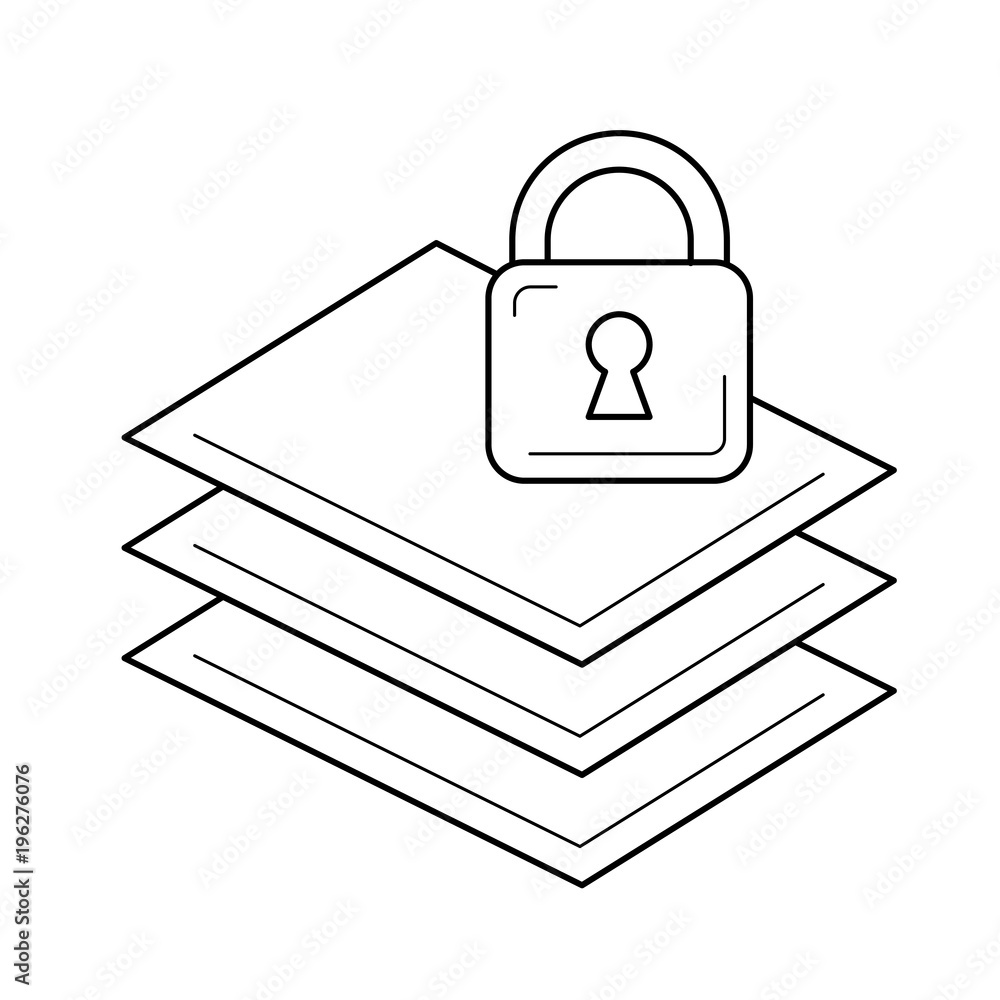 Poster paper stack with lock vector line icon isolated on white background. lock on the top of paper stack 