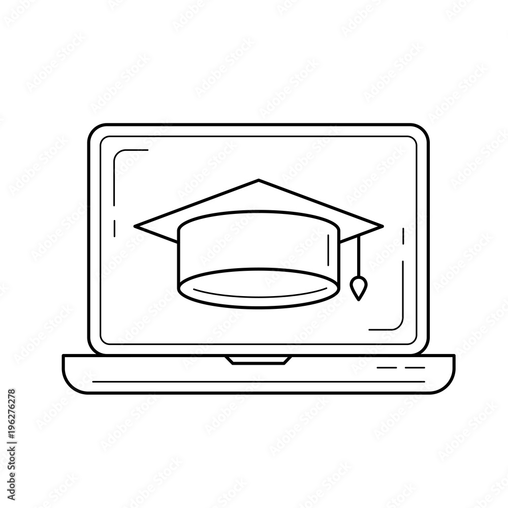 Poster graduation cap on computer screen vector line icon isolated on white background