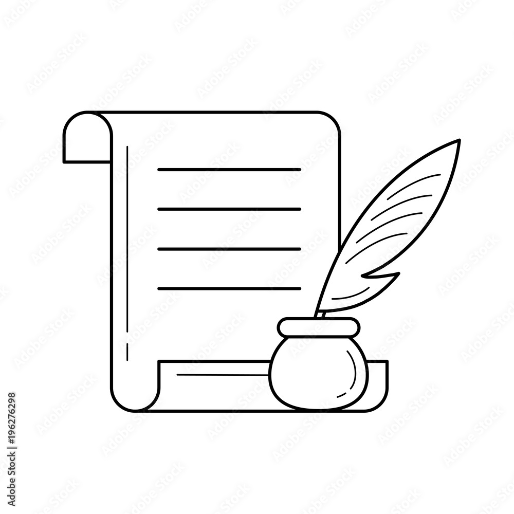Aufkleber manuscript paper scroll with feather pen in inkpot vector line icon isolated on white background