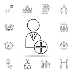 Employee plus line icon. Detailed set of team work outline icons. Premium quality graphic design icon. One of the collection icons for websites, web design, mobile app