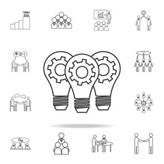 Light lamp bulbs with cogwheel gear icon. Detailed set of team work outline icons. Premium quality graphic design icon. One of the collection icons for websites, web design, mobile