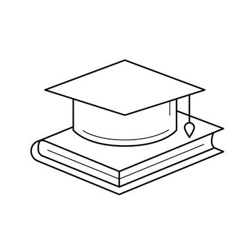 Graduation cap on book vector line icon isolated on white background