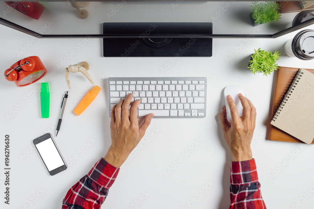 Poster man working with blank screen computer