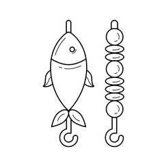 Skewer with shish kebab and grilled fish vector line icon isolated on white background. Shish kebab from meat and fish line icon for infographic, website or app. Icon designed on a grid system.