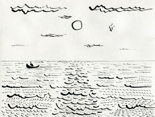The boat with fisherman sails on the sea under the sun and clouds. Over the waves a seagull flies. Indian Ink drawing with a pen on paper. © Victor Chaika
