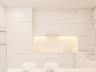3d illustration kitchen interior design in white color. Modern studio apartment in the Scandinavian minimalist style