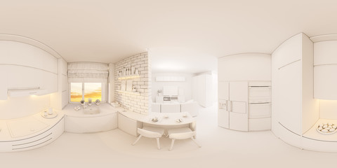3d illustration spherical 360 degrees, seamless panorama of living room and kitchen interior design. Modern studio apartment in the Scandinavian minimalist style