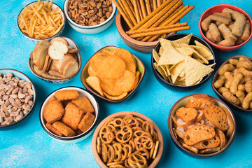 Salty snacks served in bowls