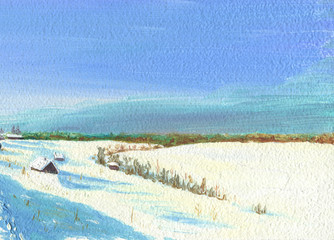Frosty Winter Day in the Village. A lot of snow. Sunlit huts by frozen lake. Forest is on the horizon.Forest is on the horizon.Oil painting on hardboard, fragment.