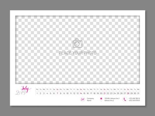 Practical wall planner, july 2019 year, flat. Useful calendar for taking every day notes with copyspace. Vector illustration