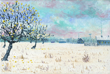 Apple-tree garden near the village.Winter Time, on the snow are apples.In the background there are houses and a forest.In the windows there is a cozy light.Cloudy day.Oil Painting.Brushstrokes texture