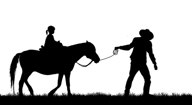 silhouette cowboy and horse on white background.