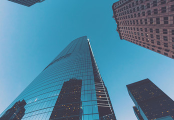 Looking up at skyscrapers in Los Angles, CA