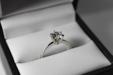 Black and white close up of a diamond engagement ring