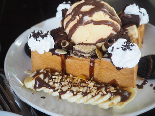 Delicious toast banana and ice cream
