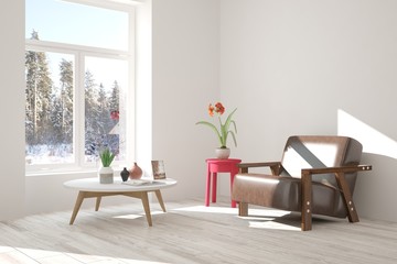 White room with armchair and winter landscape in window. Scandinavian interior design. 3D illustration