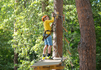 adventure climbing high wire park - boy on course in mountain helmet and safety equipment