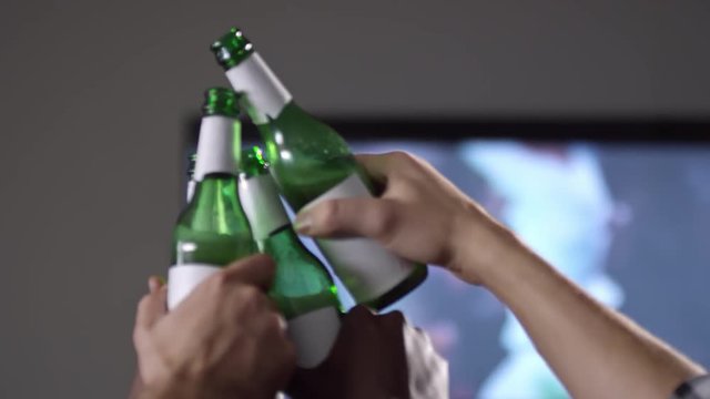 Closeup of male hands holding beer bottles and toasting against TV screen with soccer game